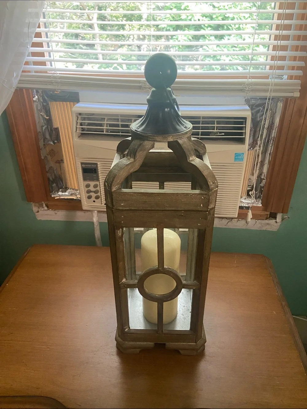 Rustic Wooden Lantern with Glass Panels in Distressed Brown